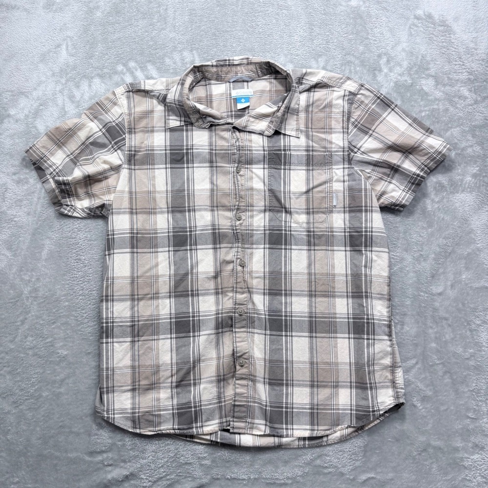 Columbia First Ascent Plaid Button Down Shirt Mens XXL Grey Tan Short Sleeve